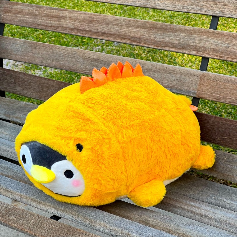 14" Takashoji Lying Penguin in Orange Stegosaurus Dinosaur Kigurumi Costume